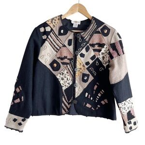 Sandy Starkman Vintage 80’s Wool Patchwork Art to Wear Crop Jacket‎ Black Tan, S